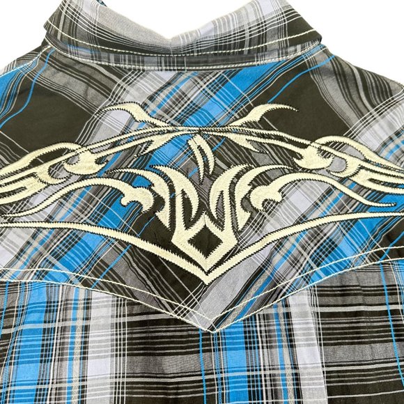 Rafter C Cowboy Collection Western Blue Black Plaid Pearl Snap Button Up XXL - Picture 7 of 7